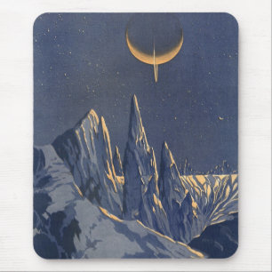 Vintage Science Fiction, Crescent Moon Snow Planet Mouse Pad