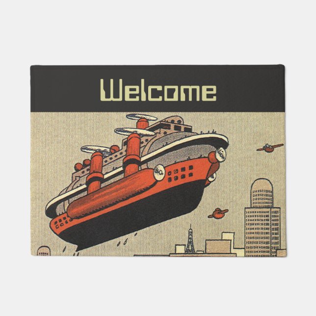 Vintage Science Fiction Cruise Ship Helicopter Doormat (Front)