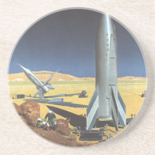 Vintage Science Fiction Desert Planet with Rockets Coaster