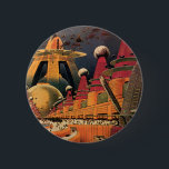 Vintage Science Fiction Futuristic City Flying Car 6 Cm Round Badge<br><div class="desc">Vintage illustration travel and transportation science fiction image featuring a classic comic book retro sci fi urban setting with a city of the future. The architectural buildings are shaped like cones and vehicles are flying in the sky like birds while crowds of people are moving through the metropolis.</div>