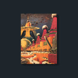 Vintage Science Fiction Futuristic City Flying Car Canvas Print<br><div class="desc">Vintage illustration travel and transportation science fiction image featuring a classic comic book retro sci fi urban setting with a city of the future. The architectural buildings are shaped like cones and vehicles are flying in the sky like birds while crowds of people are moving through the metropolis.</div>