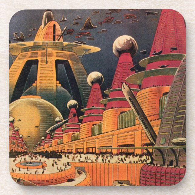 Vintage Science Fiction Futuristic City Flying Car Coaster (Front)