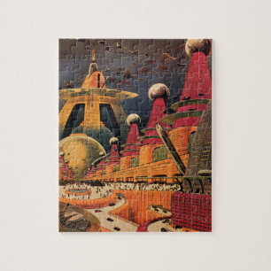 Vintage Science Fiction Futuristic City Flying Car Jigsaw Puzzle