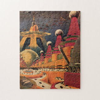 Vintage Science Fiction Futuristic City Flying Car Jigsaw Puzzle