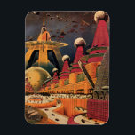 Vintage Science Fiction Futuristic City Flying Car Magnet<br><div class="desc">Vintage illustration travel and transportation science fiction image featuring a classic comic book retro sci fi urban setting with a city of the future. The architectural buildings are shaped like cones and vehicles are flying in the sky like birds while crowds of people are moving through the metropolis.</div>