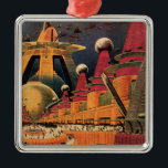 Vintage Science Fiction Futuristic City Flying Car Metal Tree Decoration<br><div class="desc">Vintage illustration travel and transportation science fiction image featuring a classic comic book retro sci fi urban setting with a city of the future. The architectural buildings are shaped like cones and vehicles are flying in the sky like birds while crowds of people are moving through the metropolis.</div>