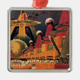 Vintage Science Fiction Futuristic City Flying Car Metal Tree Decoration