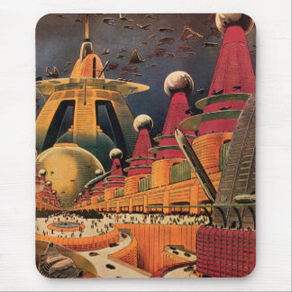 Vintage Science Fiction Futuristic City Flying Car Mouse Pad