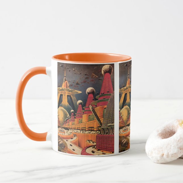 Vintage Science Fiction Futuristic City Flying Car Mug (With Donut)
