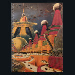 Vintage Science Fiction Futuristic City Flying Car Notebook<br><div class="desc">Vintage illustration travel and transportation science fiction image featuring a classic comic book retro sci fi urban setting with a city of the future. The architectural buildings are shaped like cones and vehicles are flying in the sky like birds while crowds of people are moving through the metropolis.</div>