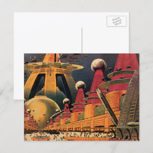 Vintage Science Fiction Futuristic City Flying Car Postcard