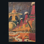 Vintage Science Fiction Futuristic City Flying Car Tea Towel<br><div class="desc">Vintage illustration travel and transportation science fiction image featuring a classic comic book retro sci fi urban setting with a city of the future. The architectural buildings are shaped like cones and vehicles are flying in the sky like birds while crowds of people are moving through the metropolis.</div>
