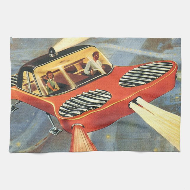 Vintage Science Fiction Futuristic Flying Car Tea Towel (Horizontal)