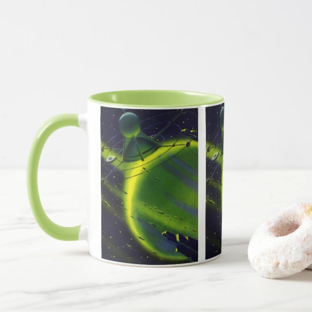 Vintage Science Fiction Green Planet w Spaceship Mug (With Donut)