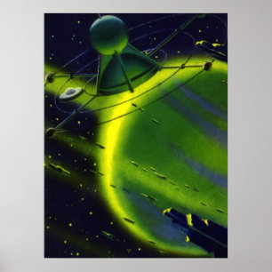 Vintage Science Fiction Green Planet w Spaceship Poster