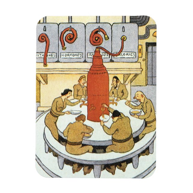 Vintage Science Fiction, Labratory Scientists Eat Magnet (Vertical)