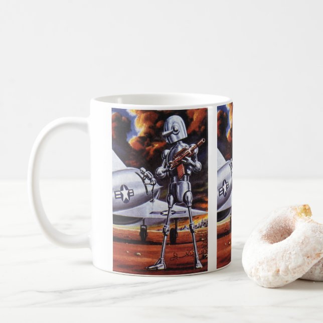 Vintage Science Fiction Military Robot Soldiers Coffee Mug (With Donut)