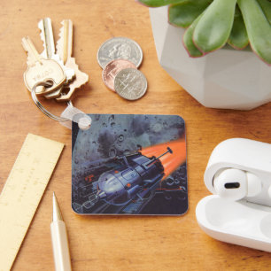 Vintage Science Fiction, Moon Rocket Blasting Off Key Ring