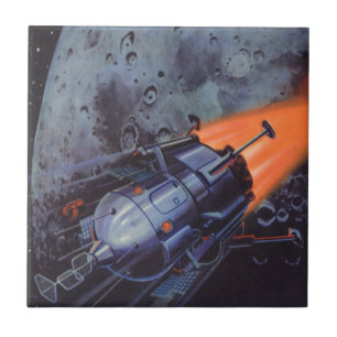Vintage Science Fiction, Moon Rocket Blasting Off Tile