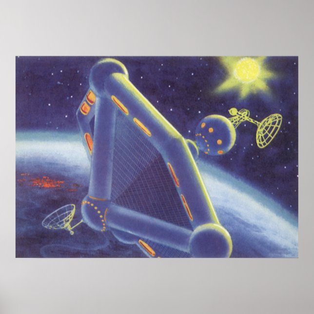 Vintage Science Fiction Orbiting Space Station Poster (Front)