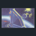 Vintage Science Fiction Orbiting Space Station Rectangular Sticker<br><div class="desc">Vintage illustration futuristic outer space and planets science fiction image. A space station orbiting around a planet or moon with a bright sun shining in the sky in the future. A classic 50s retro sci fi comic book design.</div>