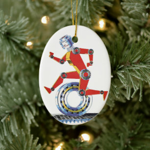 Vintage Science Fiction Robot Running with Wheel Ceramic Tree Decoration