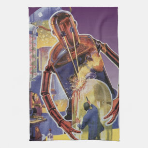Vintage Science Fiction Robot with Laser Beam Eyes Tea Towel