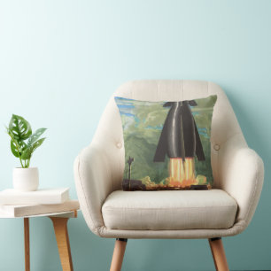 Vintage Science Fiction, Rocket Blasting Off Earth Cushion