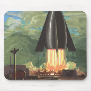 Vintage Science Fiction, Rocket Blasting Off Earth Mouse Pad
