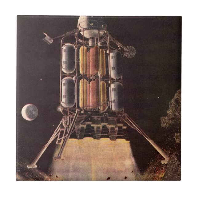 Vintage Science Fiction Rocket Blasting Off Planet Tile (Front)