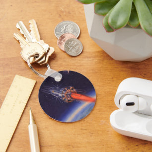 Vintage Science Fiction Rocket in Space over Earth Key Ring