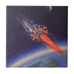 Vintage Science Fiction Rocket in Space over Earth Tile