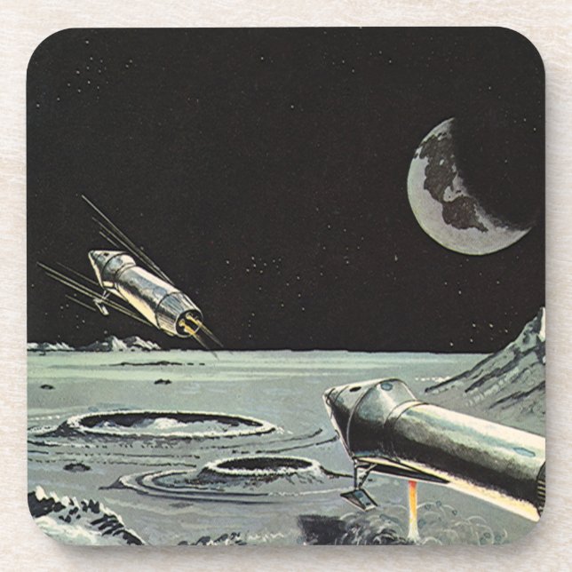Vintage Science Fiction, Rocket Ships Moon Planets Coaster (Front)
