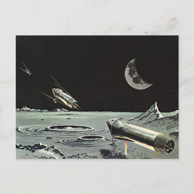 Vintage Science Fiction, Rocket Ships Moon Planets Postcard (Front)