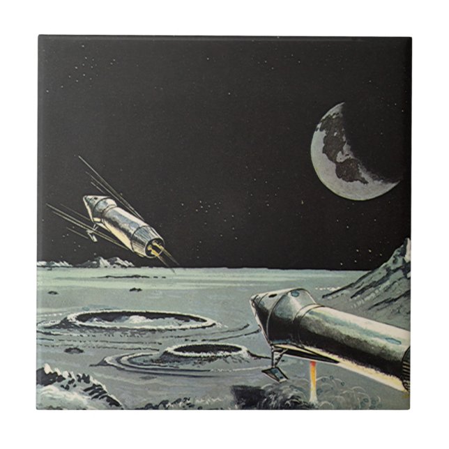 Vintage Science Fiction, Rocket Ships Moon Planets Tile (Front)