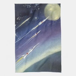 Vintage Science Fiction Rockets in Space by Planet Tea Towel