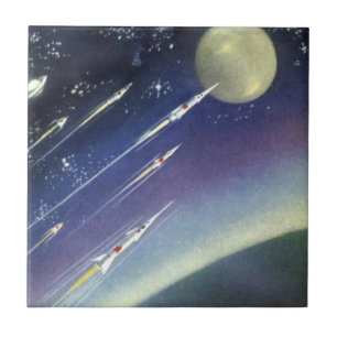 Vintage Science Fiction Rockets in Space by Planet Tile