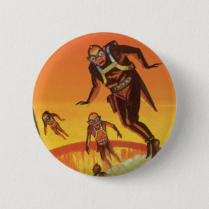 Vintage Science Fiction, Sci Fi Aliens in Volcano 6 Cm Round Badge