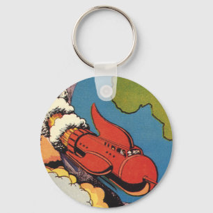 Vintage Science Fiction, Sci Fi Rocket over Earth Key Ring
