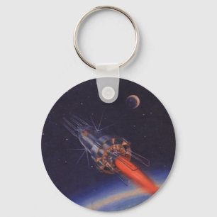 Vintage Science Fiction, Sci Fi Rocket over Earth Key Ring