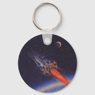 Vintage Science Fiction, Sci Fi Rocket over Earth Key Ring