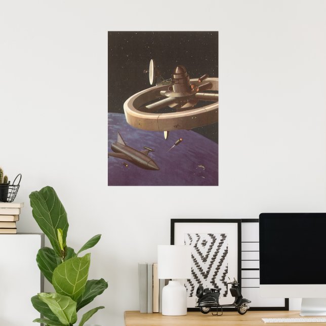 Vintage Science Fiction, Space Station with Planet Poster (Home Office)
