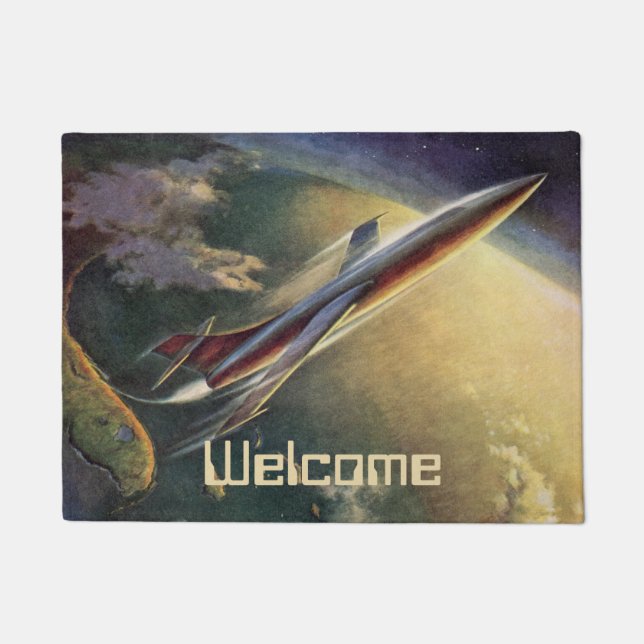 Vintage Science Fiction Spaceship Aeroplane Earth Doormat (Front)