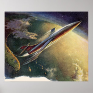 Vintage Science Fiction Spaceship Aeroplane Earth Poster