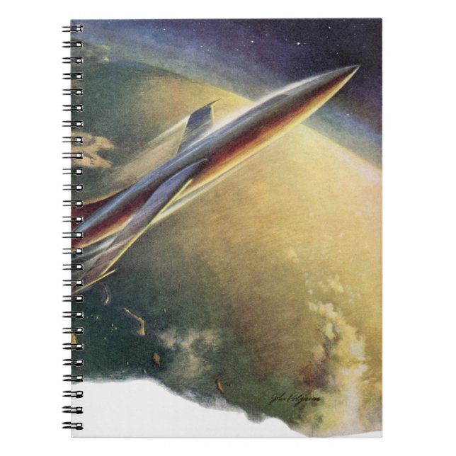 Vintage Science Fiction Spaceship Aeroplane Earth Spiral Notebook (Front)