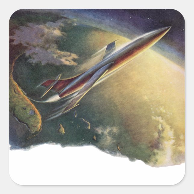 Vintage Science Fiction Spaceship Aeroplane Earth Square Sticker (Front)