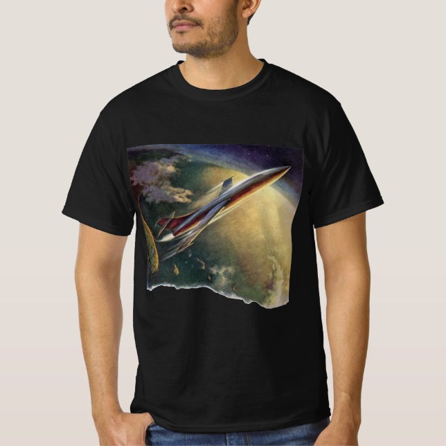 Vintage Science Fiction Spaceship Aeroplane Earth T-Shirt (Front)