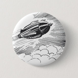 Vintage Science Fiction Spaceship Rocket in Clouds 6 Cm Round Badge