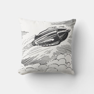 Vintage Science Fiction Spaceship Rocket in Clouds Cushion