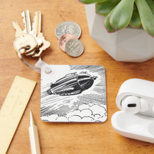 Vintage Science Fiction Spaceship Rocket in Clouds Key Ring